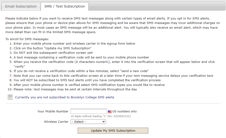 Update sms / text subscriptions screen.