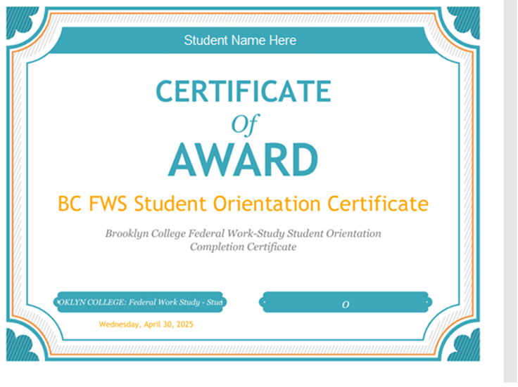 Screenshot certificate of completion for the FWS Student Orientation.